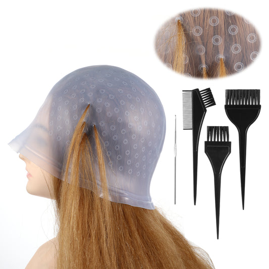 Jeffdad Professional Silicone Highlight Cap, Reusable Hair Coloring Highlighting Cap with 3 Brushes and 1 Needle for Color Hair Salon Hairdressing Women Men(Blue)