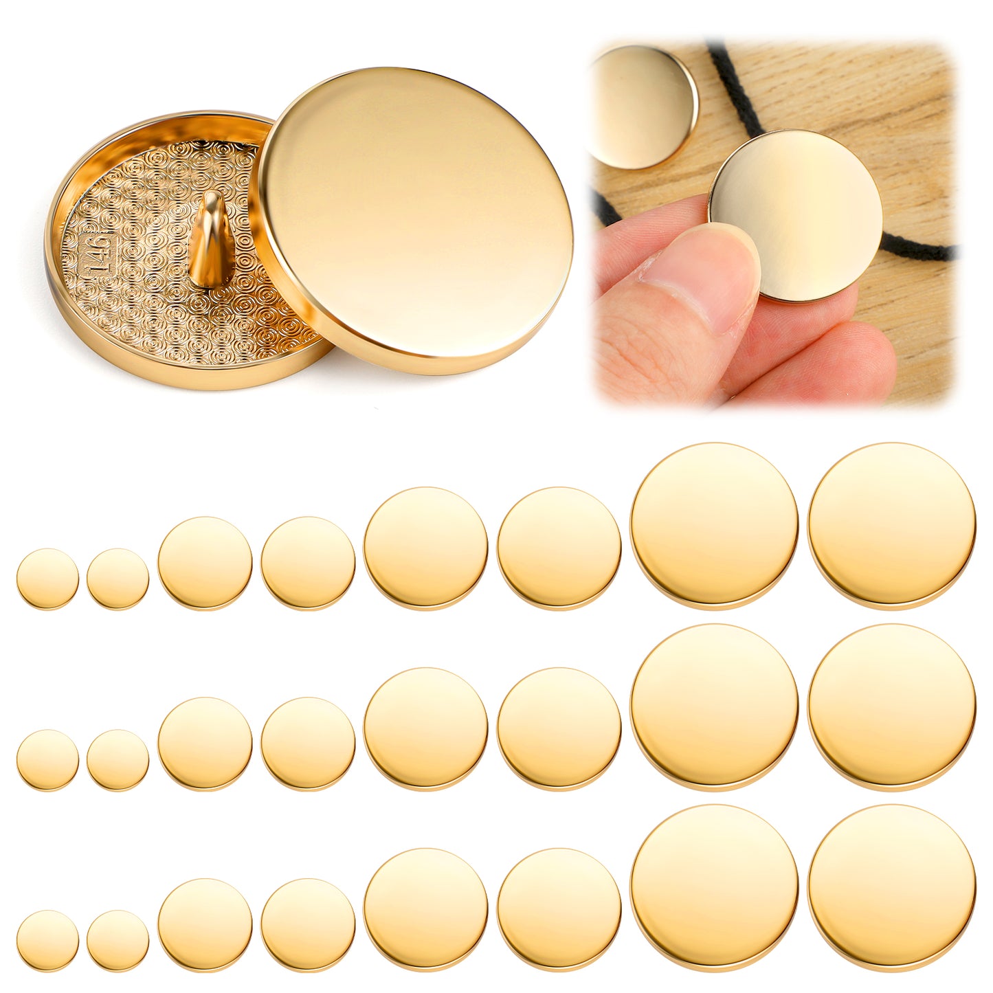 AOZUO Pack of 24 metal flat buttons, gold, golden buttons for sewing, 10 mm, 15 mm, 20 mm, 25 mm, jeans buttons, round shaped sewing button, shirt, suit, trousers, button jackets