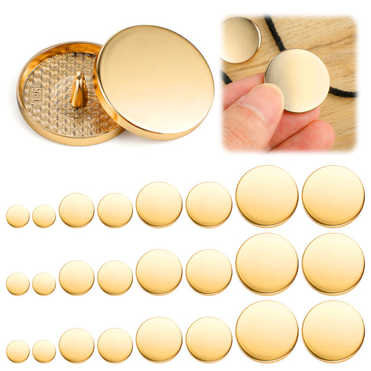 AOZUO Pack of 24 metal flat buttons, gold, golden buttons for sewing, 10 mm, 15 mm, 20 mm, 25 mm, jeans buttons, round shaped sewing button, shirt, suit, trousers, button jackets