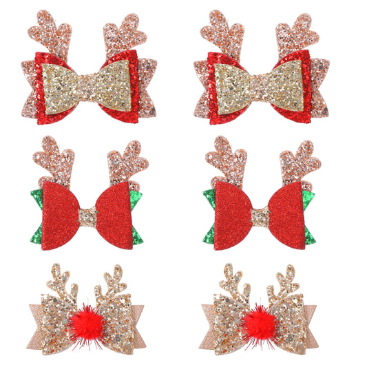 JIEYAO 6 Pcs Glitter Christmas Hair Clips, Xmas Hair Bow Accessories, Sequins Antlers Hair Barrettes Santa Reindeer Ears Hair Pins Cute Holiday Headdress Hairpin for Girls Women Party Cosplay Gift