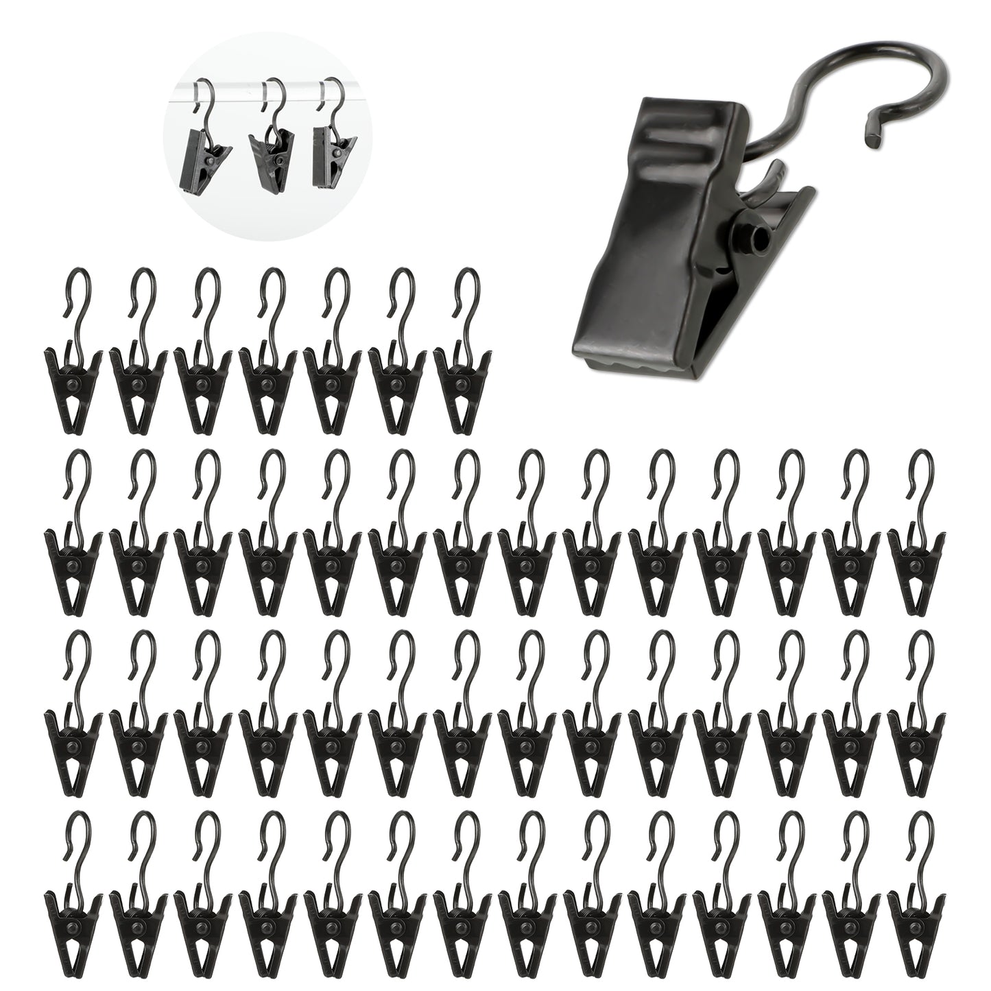 Giantree 50PCS Curtain Clips with Hooks, Small Stainless Steel Curtain Hooks Clip Set, Bathroom Curtain Clips Hangers Wire Holders for Hanging Drapes Photos Tent Lights Party Decorations(Black)