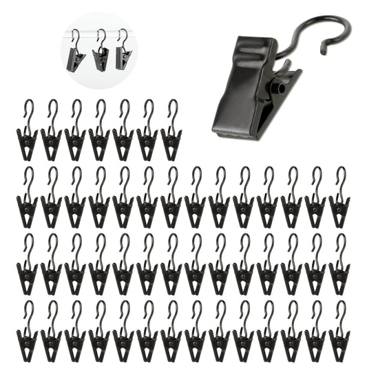 Giantree 50PCS Curtain Clips with Hooks, Small Stainless Steel Curtain Hooks Clip Set, Bathroom Curtain Clips Hangers Wire Holders for Hanging Drapes Photos Tent Lights Party Decorations(Black)