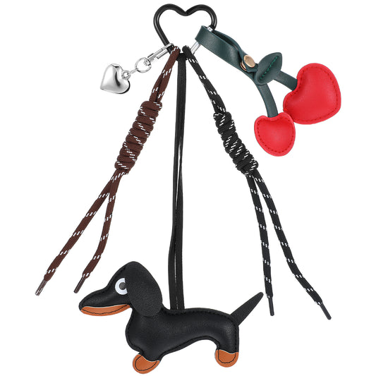 Giantree Leather Dachshund Keychain Kit, Cute Weiner Dog Heart Cherry Keychain Bag Charm Dachshund Purse Charms Gifts for Women Handbags Cars Hanging Ornament(Black)