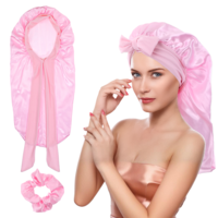 TIESOME Long Satin Bonnet for Women, Adjustable Large Silk Bonnet with Tie Band and Scrunchies Elastic Extra Long Sleep Cap for Long Curly Hair, Braids (Pink)