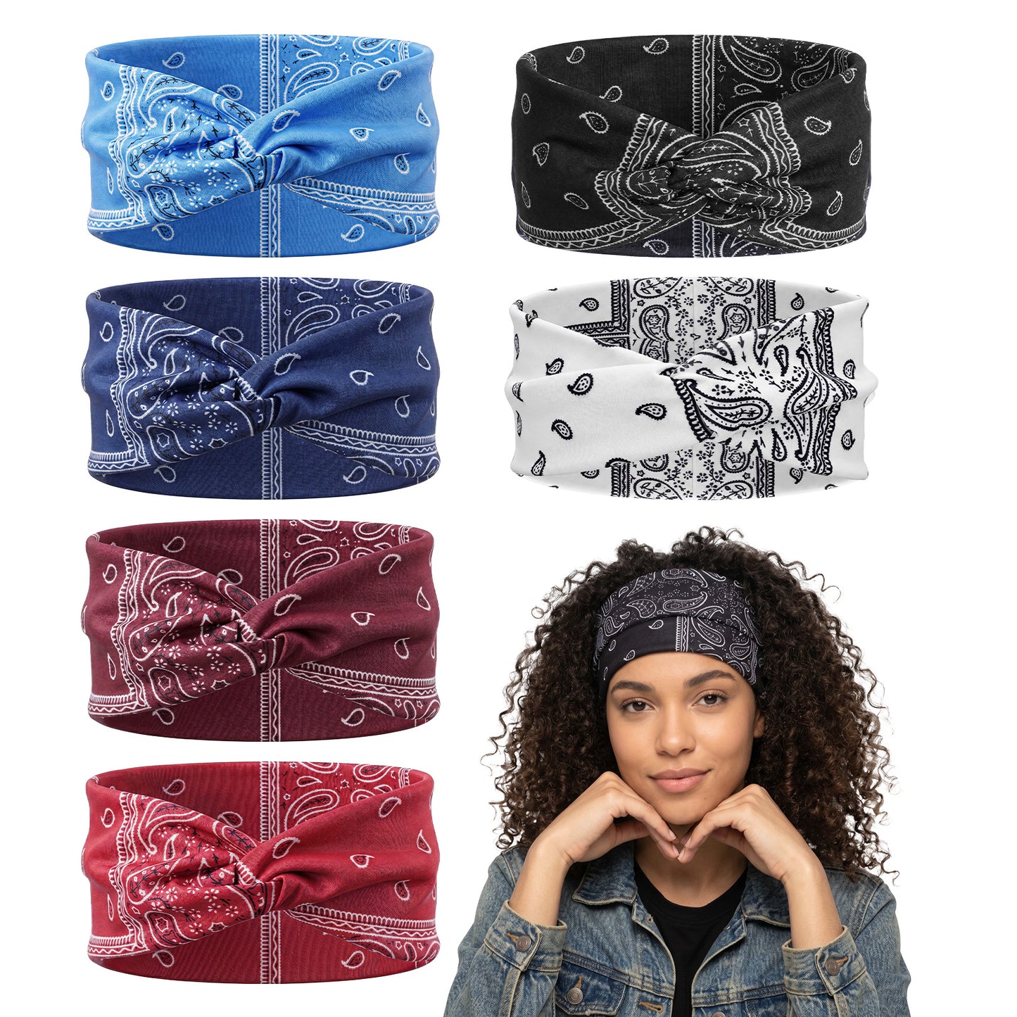 Amabro 6Pcs Paisley Bandana Headband Elastic Wide Knot No Slip Hair Accessories Boho Summer Headwraps for Women Yoga Workout Beach Party