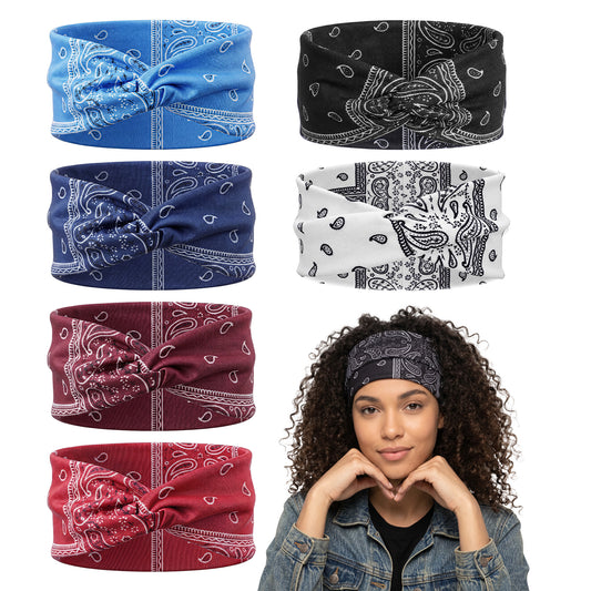 Amabro 6Pcs Paisley Bandana Headband Elastic Wide Knot No Slip Hair Accessories Boho Summer Headwraps for Women Yoga Workout Beach Party