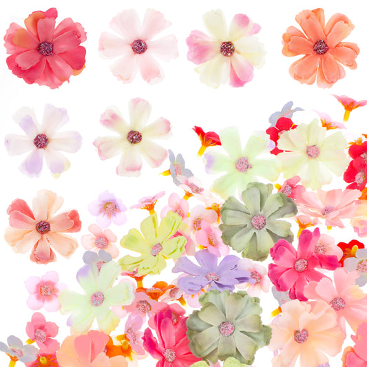 TIESOME 120Pcs Mini Faux Flowers for Crafts, Artificial Flower Heads Rose Daisy Peony Flower Decor Multicolor Small Fabric Silk Flowers Fake Wildflowers Garland Decoration for Home Wedding Hair Cap