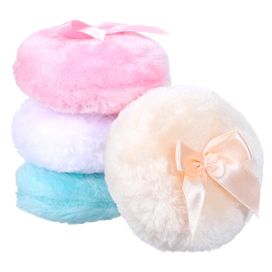 HJZHII 4PCS Large Fluffy Powder Puff, 3.5 Inch Round Soft Body Powder Puffs Reusable Dusting Powders Puff with Ribbon Bow Handle Makeup Body Applicator for Women Girls(Color A)