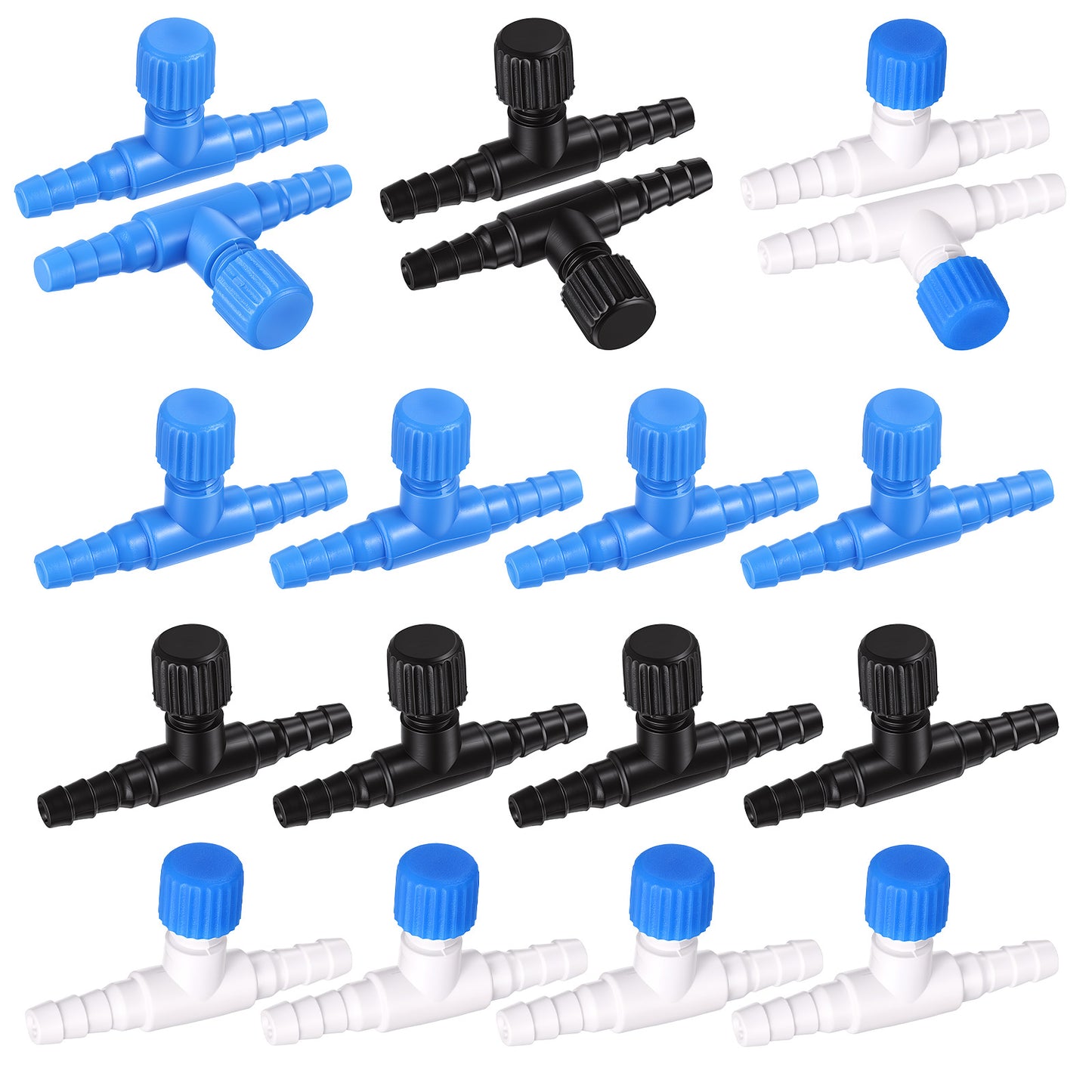 SULIKJHUI 30 Pcs Aquarium Air Valve, Air Control Valve for Fish Tank, Adjustable Plastic Airline Valves for 3/16" Tubing, Aquarium Valves for Fish Tanks (Blue + White + Black)