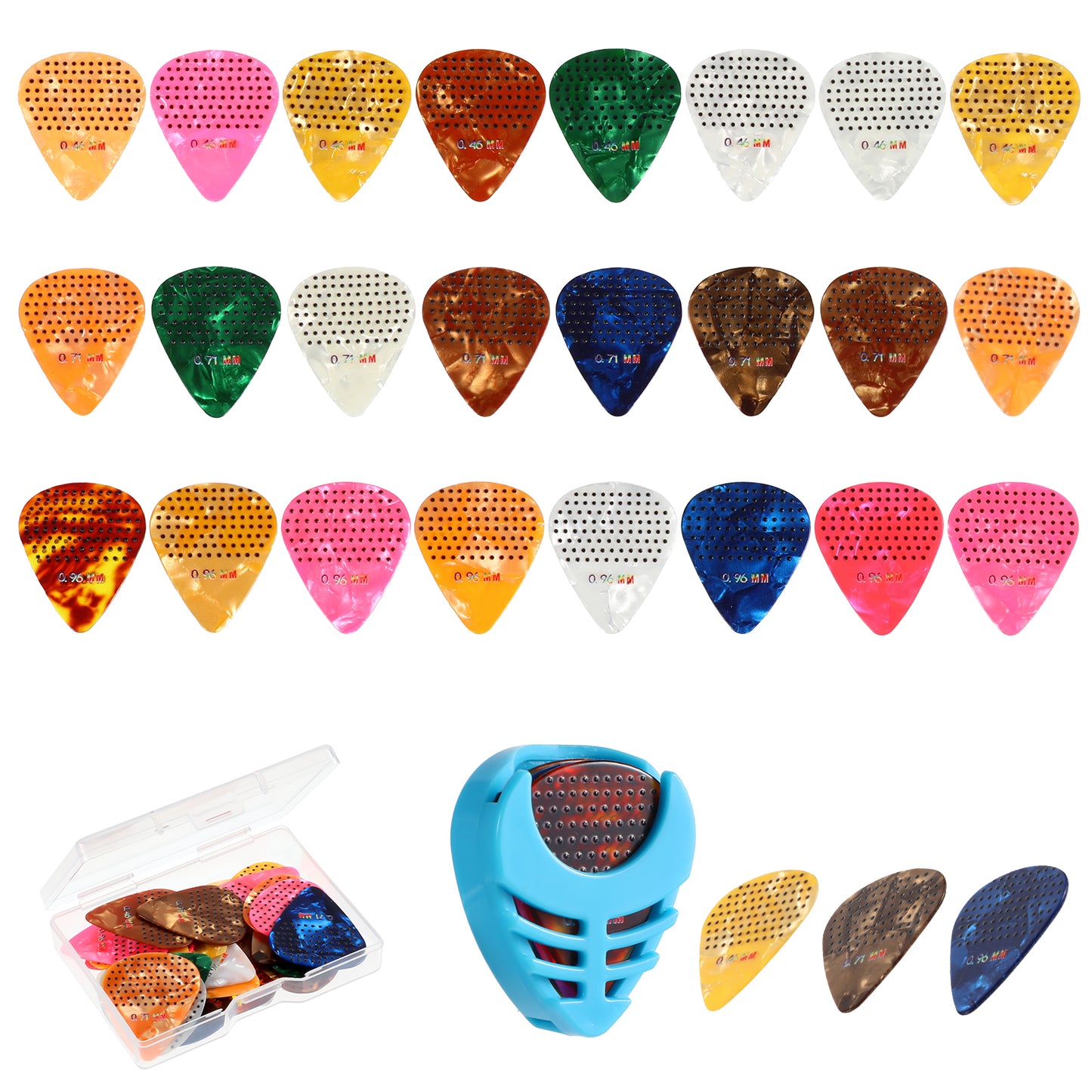 Yuanchu 24Pcs Non-slip Guitar Picks, Celluloid Guitar Picks 3 Different Colorful 0.46 0.71 0.96mm Includes Thin Medium Heavy Thickness with Guitar Picks Holder and Storage Box, Suit for Guitar Bass