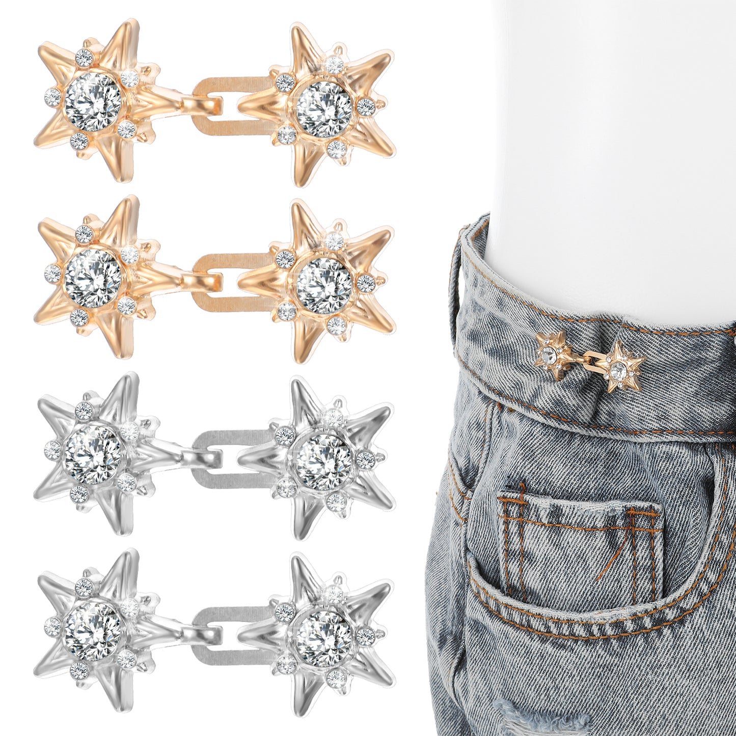 TIESOME 4 Pairs Adjustable Waist Tightener Buttons for Women, Pant Waist Tighteners No Sew Detachable Star Rhinestone Clip Buckles Metal Star Brooch for Jeans Pants Skirts