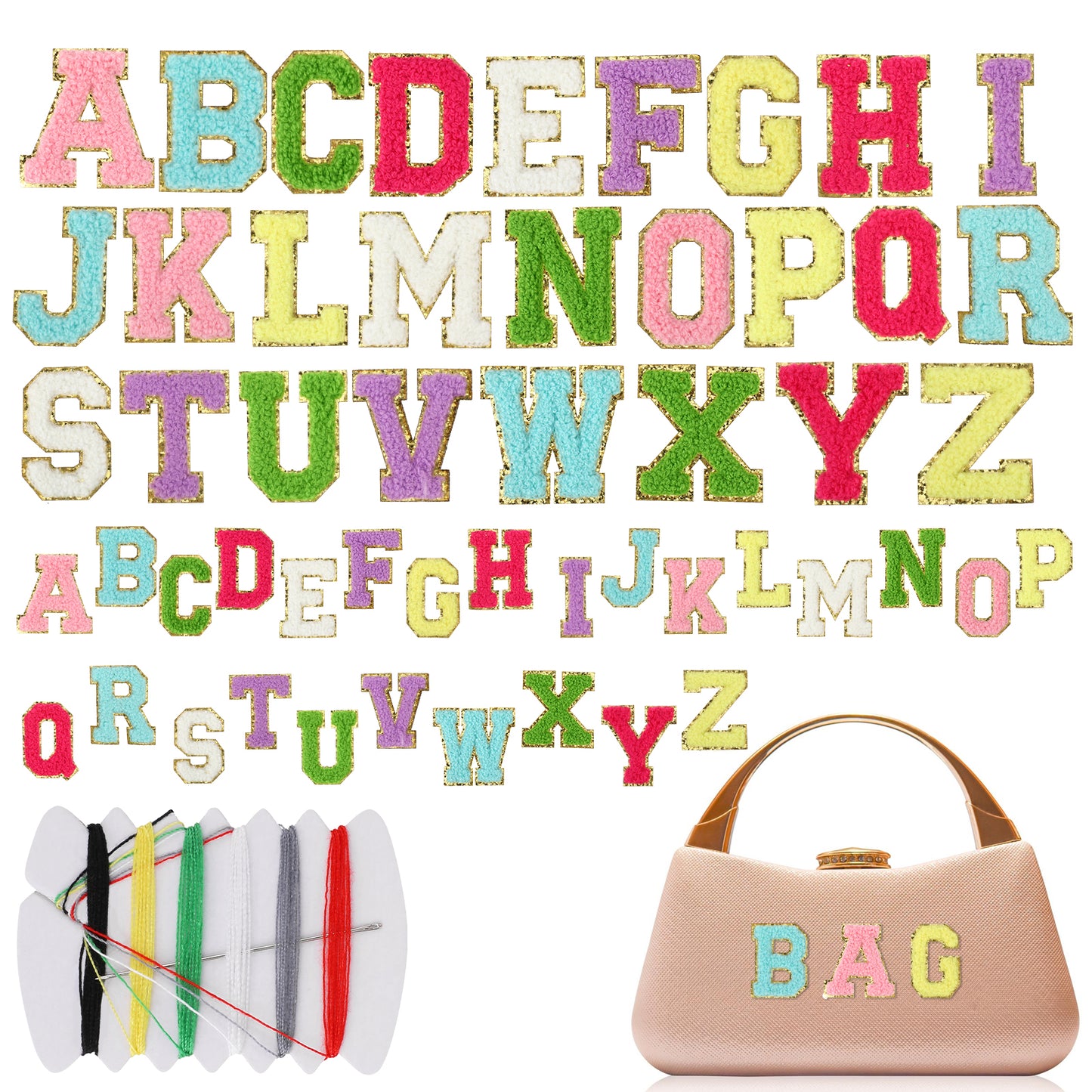 Molain 52 Pcs Self Adhesive Chenille Letter Patches A-Z, Iron on Letters Multicolor Letter Patches for DIY Clothing, Fabric, Shoes, Bags Hats School Supplies