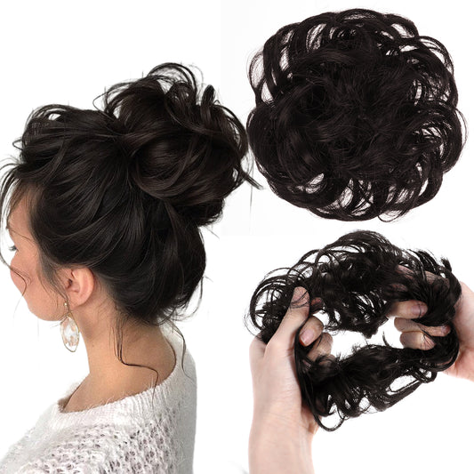 HJZHII 2pcs Messy Bun Hair Piece, Elastic Curly Wavy Large Hair Bun Scrunchies Synthetic Chignon Ponytail Hair Extensions Tousled Updo Fluffy Donut Hairpieces for Women Girls(Brown)