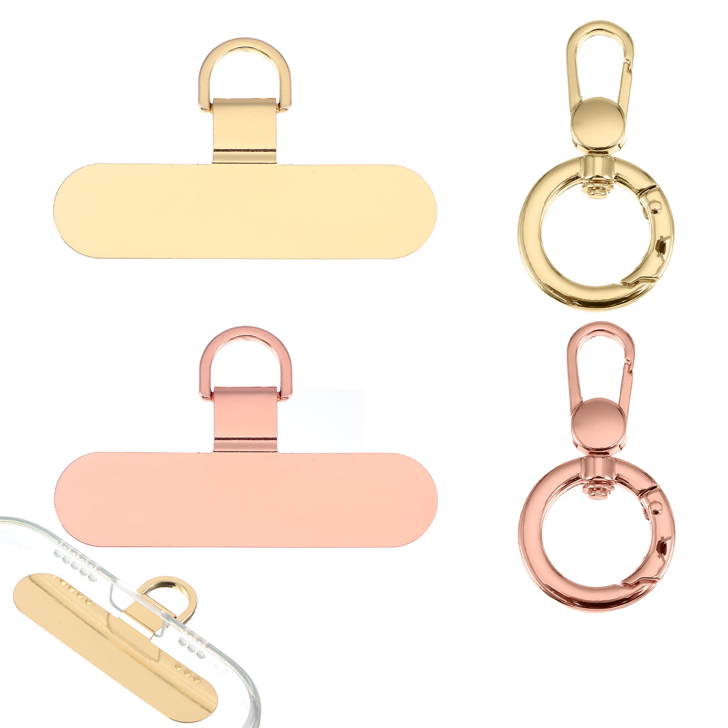WJIAAA 2Pcs Phone Tether Tab, 2Pcs Spring O Ring, 360° Rotatable Cell Phone Lanyard Patch Ultra-Thin Universal Lanyard Pad (Rose Gold+Champagne Gold)