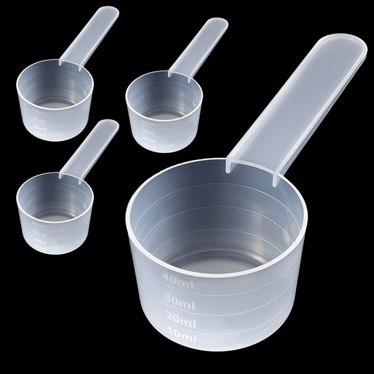 HJZHII 4PCS Measuring Scoop with Scale, 10ml 20ml 30ml 40ml Measuring Scoop Long Handle Scoop Clear Plastic Scoops for Measuring Coffee Grains Pet Food Protein and Other Dry Goods