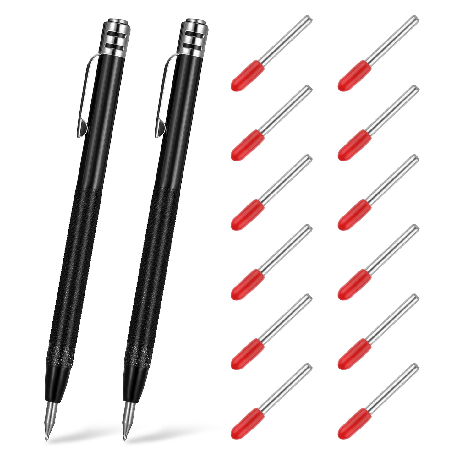 TIEOME 2 PCS Tungsten Carbide Scriber with Magnet with 12 Replacement Marking Tip, Aluminium Etching Engraving Pen Machinist Carbide Scribe Tool Etching Pen With Clip for Glass/Ceramics/Metal Sheet