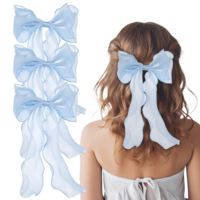 JIYIN Blue Hair Bows for Women, 3 PCS Hair Bow Clips Solid Color Long Silk Ribbon Bows for Women, Long-tail Bow for Hair Cute Claw Clips Hair Accessories for Women
