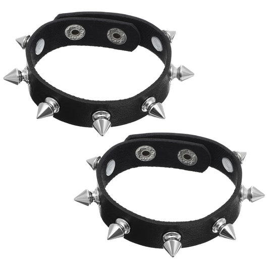 JIYIN 2Pcs Punk Rock Spike Bracelet, Adjustable Leather Studded Bracelet Black Emo Bracelets Gothic Jewelry for 80s 90s Vintage Womens Men Halloween Christmas Punk Gift(2 Short Head)