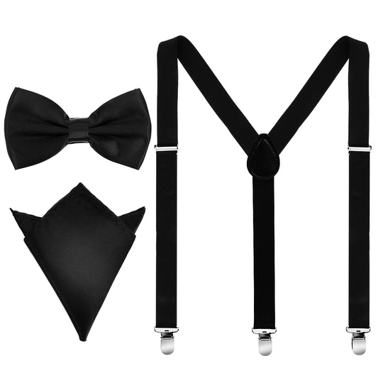 JIYIN Men's Suspenders Bow Tie Set for Wedding and Formal Events, Black Y Back Suspender with Strong Clips 1 Inch Wide Adjustable Braces for Wedding Tuxedo