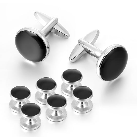 HJZHII 8PCS Mens Cufflinks and Studs Set, Classic Black Silver Tuxedo Studs Set Classic Black Silver Tuxedo Shirt Studs Brass Cuff Links and Shirt Studs for Wedding Business Banquet Ceremony(8pcs)
