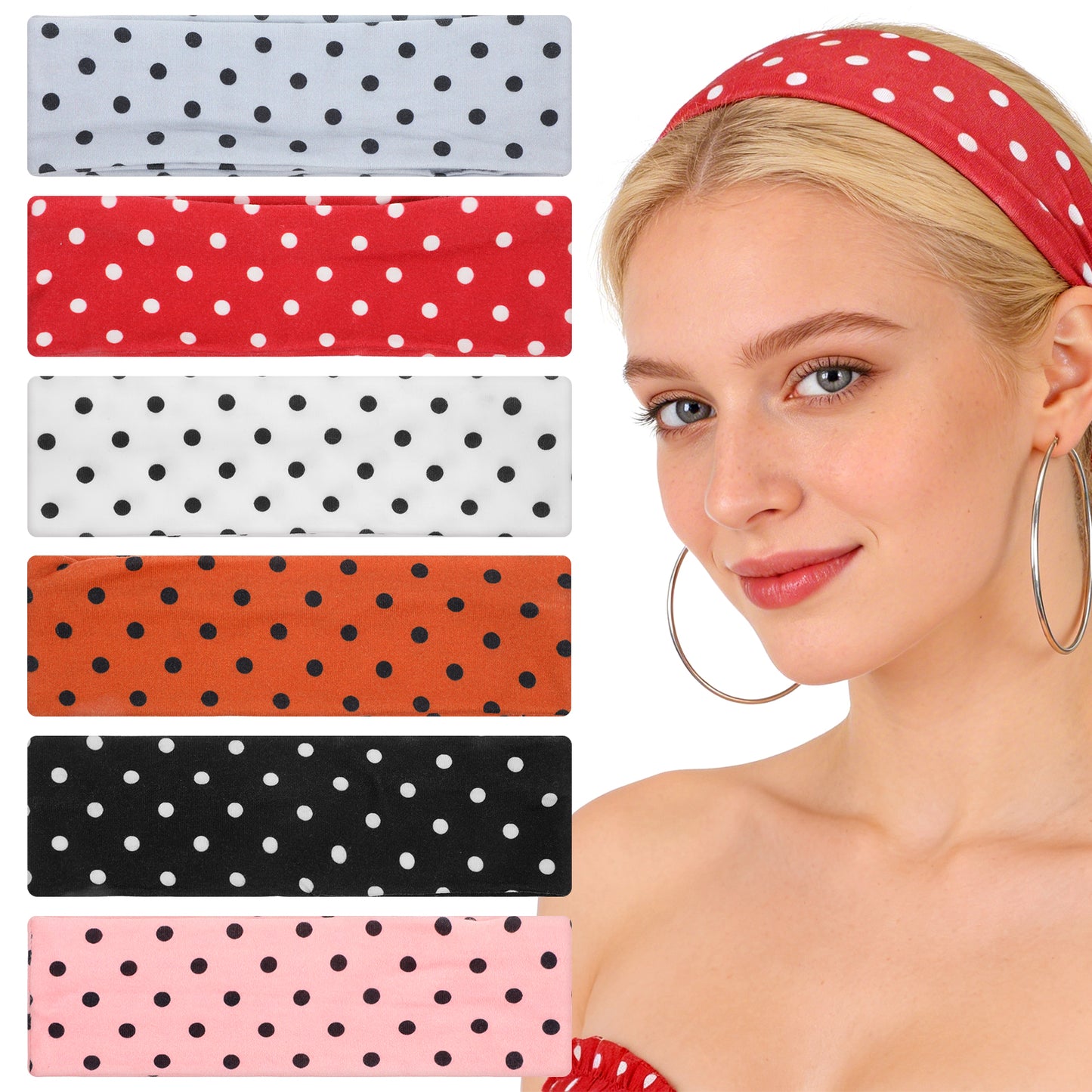 JJUNW 6 Pcs Polka Dot Headband For Women, Soft Stretchy Fabric Headbands Pink Polka Dot Headband, Non Slip Wide Headbands For Women Everyday Wear, Yoga, Workout Hair Styling Decor