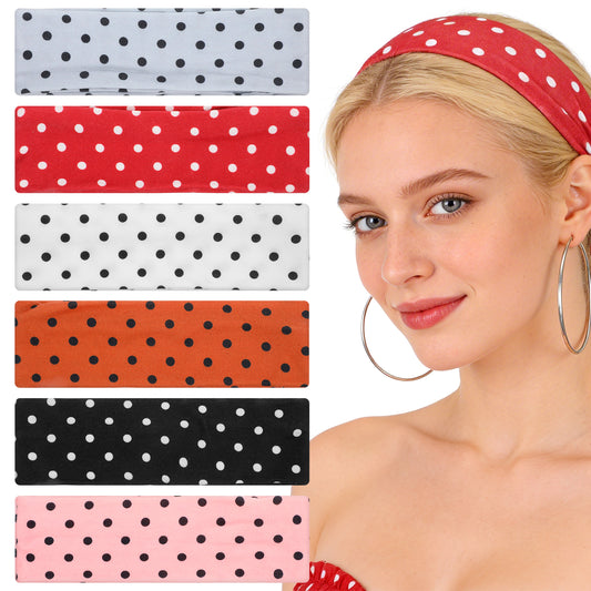 JJUNW 6 Pcs Polka Dot Headband For Women, Soft Stretchy Fabric Headbands Pink Polka Dot Headband, Non Slip Wide Headbands For Women Everyday Wear, Yoga, Workout Hair Styling Decor