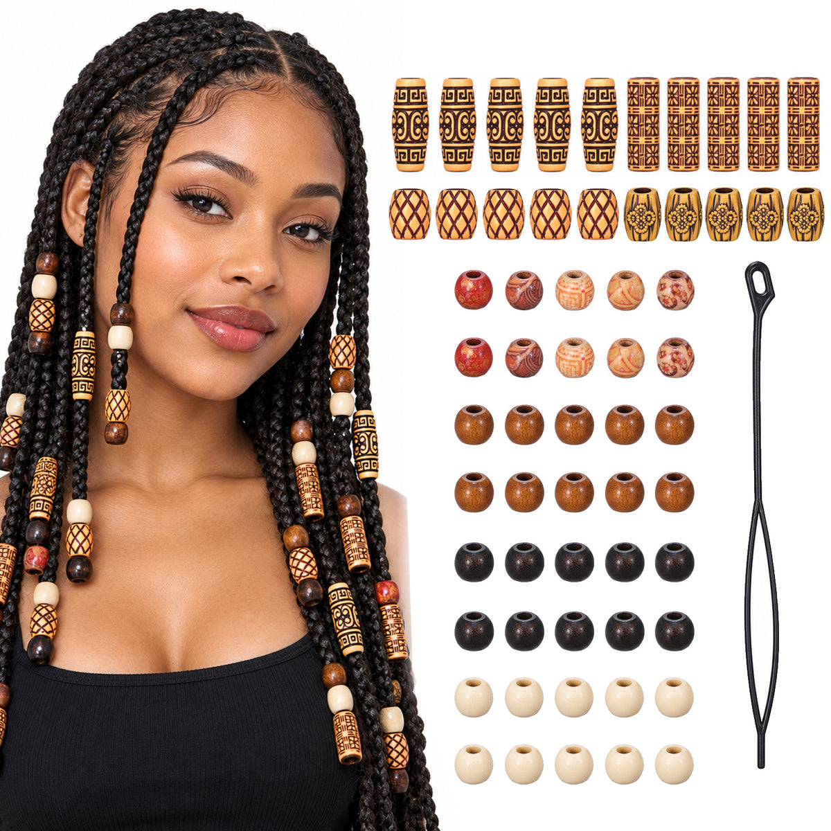 LXUEJIE 60 Pcs Vintage Wood Hair Beads, Large Hole Tube Bead for Braid