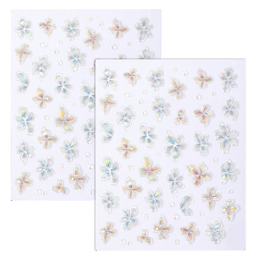JIYIN 2 Sheets 5D Embossed Flower Nail Stickers, Soft Glue Jelly Flower Nail Art Stickers Shiny Aurora Shell Floral Nails Design Sticker, Self-Adhesive Summer DIY Flowers Manicure Decals for Women