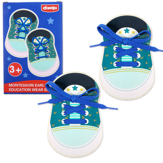 AOZUO 2pcs Wooden Shoe Lace Practice Board, Learn To Tie Shoe Laces Threading Lacing Shoes Training Teaching Aids Tying Educational Tool Early Learning Kits(Blue)