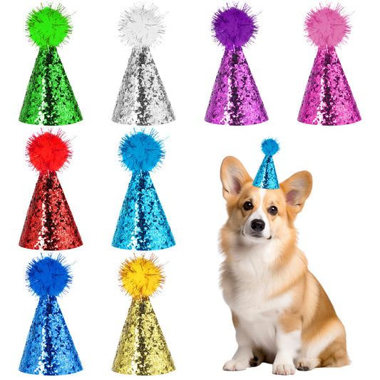 BOHUIZ 8 Pcs Mini Party Hats for Stuffed Animals, Glitter Mini Small Dog Hats Cat Birthday Party Hat Adjustable Headbands Stuffed Animals Birthday Hats for Holiday Puppy Kitten Costume Accessories