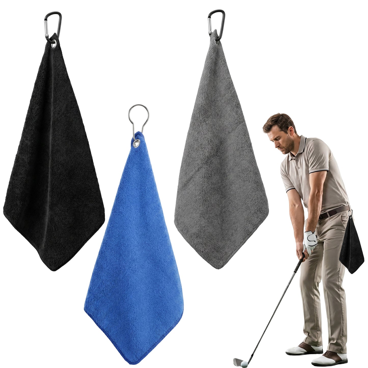 SULIKJHUI 2 Pack Golf Towels for Golf Bags with Clip, Microfiber Golfs Towel with Clip for Cleaning Clubs & Balls, 30 cm x 30 cm(Black, Gray, Blue)