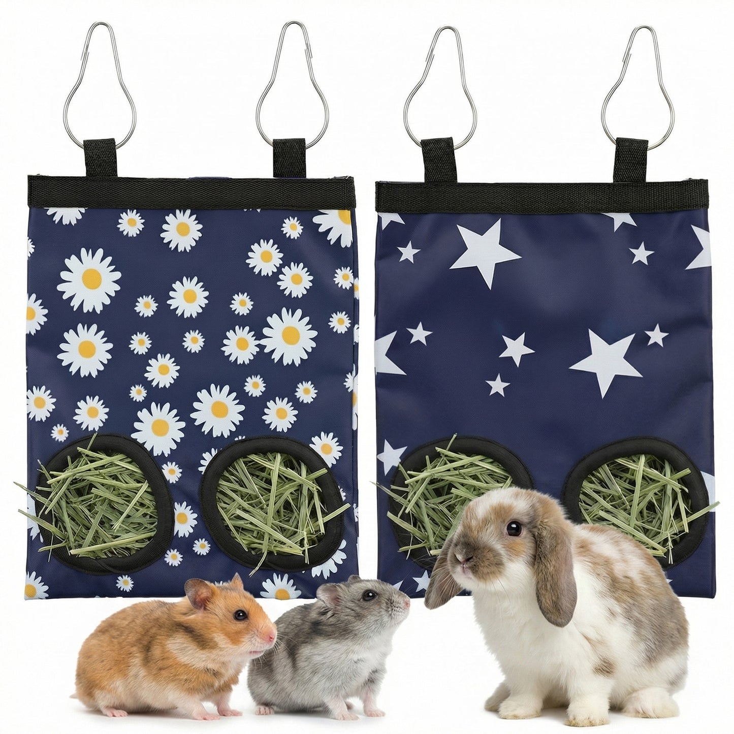 XLIUAX 2Pcs Guinea Pig Hay Feeder, Hanging Rabbit Hay Feeder Durable Washable 2-Hole Hays Dispenser for Guinea Pigs Bunnies Chinchillas, Star＋Daisy