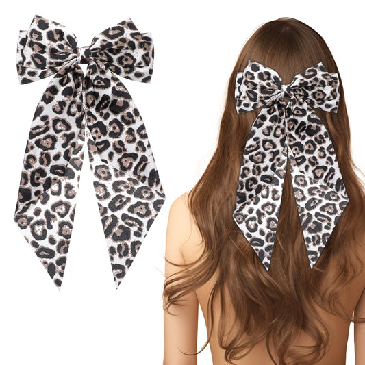AOZUO Leopard Hair Bow Clip, Cheetah Print Hair Bow Barrette Bowknot Hair Pin with Long Tail Ponytail Holder Hair Ribbon for Women Girls Cosplay Costume Hair Accessories Decor(White)